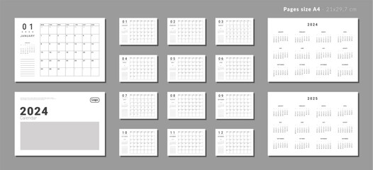 Set of Monthly pages Calendar Planner Templates 2024-2025 with note for wall or desk with Cover and place for Photo, Logo. Vector layout of calendar with week start Monday. Pages for size A4