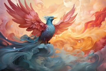 Obraz premium Celestial impressions Sunsets palette crafts an abstract bird within cloud tapestry Generative AI