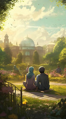 Muslim Family in a Garden with City View