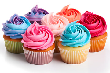Frosted Cupcakes in Vibrant Hues Against a White Background. Generative Ai. 