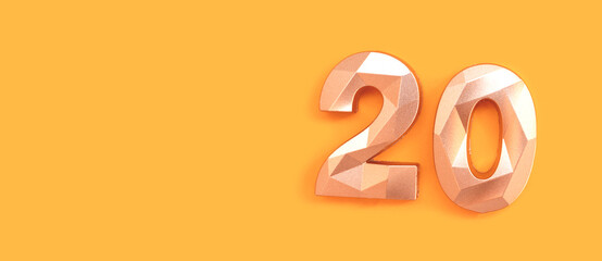Banner with golden number 20 on a yellow background. Place for text.