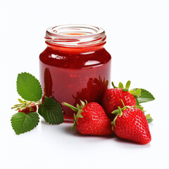 A jar with strawberry marmelade, a strawberry besides, isolated on white
