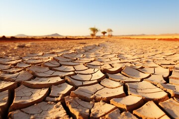 Fototapeta premium Dried land in the desert Cracked soil crust climate change Generative AI