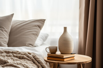Fototapeta na wymiar A cozy bedroom with stylish decor a wooden bedside table a pottery jar a book lovely bed 
