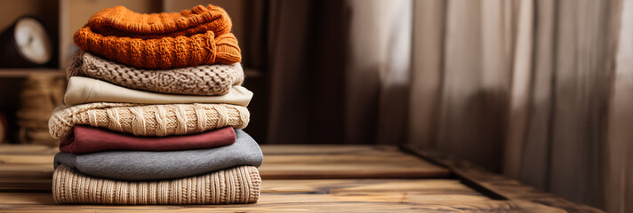 Autumn warm stack of sweaters  winter background with a place for text