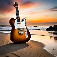 A logo, about guitars, moden look. A six-string electric guitar with a beach in the background.  - obrazy, fototapety, plakaty