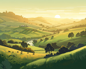 Rolling Hills and Green Pastures Farm Scenery Illustration for Generative AI - obrazy, fototapety, plakaty
