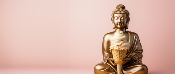 Golden glossy budha with ice cream isolated on pastel background with a place for text 