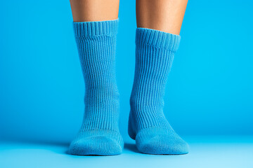 Legs in knitted woolen blue socks isolated on solid background 
