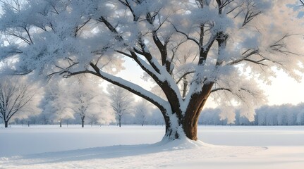 Nature's artistry: Snow-draped tree in a peaceful setting.