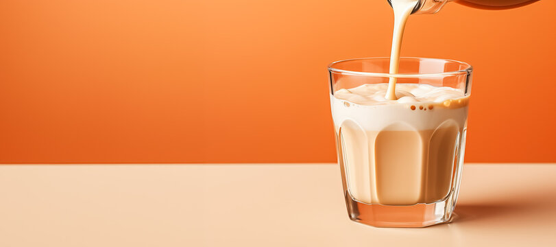 Pouring milk into glass of coffee latte isolated on pastel background with a copy space 