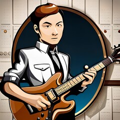 Illustration of a guitarist standing and playing a romantic melody. Man Playing Guitar, Male Musician Playing Strings at a Music Show or Learning to Play a Musical Instrument Cartoon Style Vector