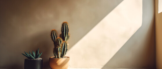 Cactus, succulent plant against an empty concrete wall with copy space. Interior, exterior mockup. minimal style. Vacation concept. Overlay shadow effect. Generative ai.