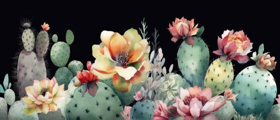 Cactus, succulent plant  watercolor illustration. Blooming of cactus flowers. Generative ai.