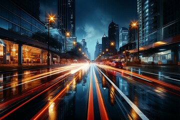 Fototapeta na wymiar Light trails at night in urban environment Generative AI