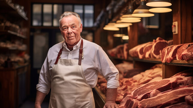 An old male butcher in a traditional meat shop
