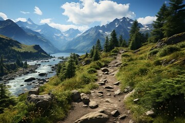 Obraz premium Mountain landscape with hiking trail and view of beautiful lakes Generative AI