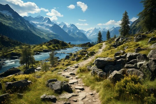 Mountain landscape with hiking trail and view of beautiful lakes Generative AI