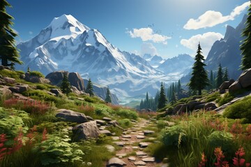 Natures allure Mountain trail leads to mesmerizing lakeside vista, perfect for exploration Generative AI