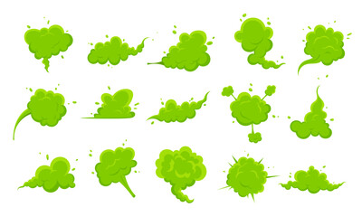 Smelling green cartoon smoke or fart clouds flat style design vector illustration set. Bad stink or toxic aroma cartoon smoke cloud isolated on white background.