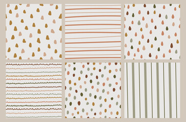 Hand drawn cute set of abstract pattern. Gender neutral print in pastel colors. Naive baby style. Boho drops, stripes, smears, dots. Scandinavian decor for the nursery, baby shower, textiles, clothes