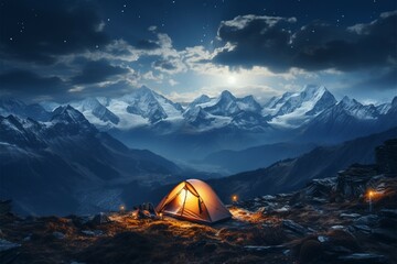 Nightscape in mountains lap Tent nestled among peaks, immersed in nocturnal calm Generative AI