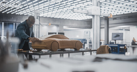 African Automotive Designer Using Spatula to Create a Prototype Car Out of Polymer Modeling Clay. Focused Black Modeler Working in a Research and Development Studio at a Vehicle Production Factory