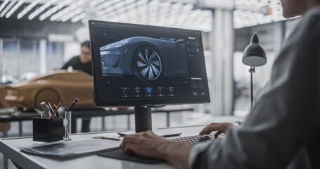 Automotive Designer and Modeler Working as a Team on Creating a Futuristic Car in a Studio....