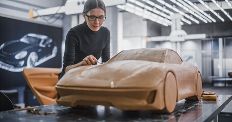 Portrait of a Female Automotive Designer Sculpting a 3D Clay Model of New Production Car. Young Woman Using Spatula to Carefully Trim the Surface of a Prototype Concept Vehicle