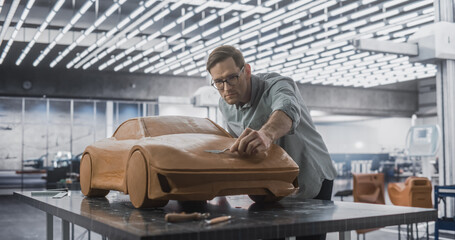 Car Modeler Enjoying Creative Work Process on a Concept Car Made Out of Plasticine Modeling Clay. Handsome Designer Using Spatula to Smooth the Sporty Prototype Model of a Modern Electric Vehicle