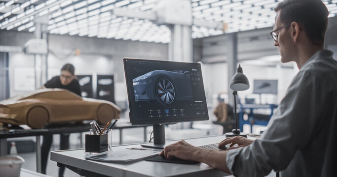 Automotive Designer and Modeler Working as a Team on Creating a Futuristic Car in a Studio. Engineer Working on Digital Render on Desktop Computer, Female Sculptor Creating 3D Clay Model