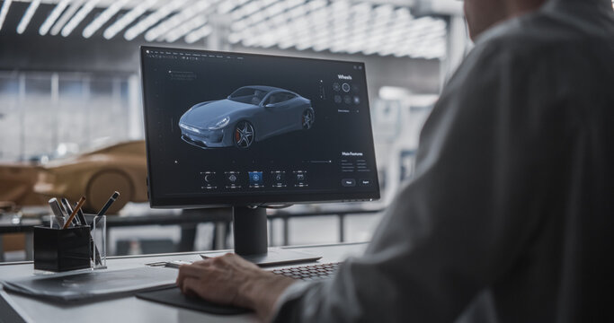 Automotive Designer Working on a Desktop Computer with 3D Customization Software for a Prototype Car Design. Digital Artist Applying Different Settings to a Concept Vehicle in a Manufacturing Studio - Powered by Adobe