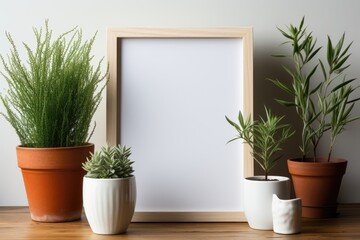 A wood-framed mockup placed upon a wooden table, accentuated by the presence of petite potted plants. Photorealistic illustration, Generative AI