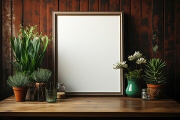 An empty mockup, embellished with a decorative frame, accompanied by the refreshing presence of green plants. Photorealistic illustration, Generative AI
