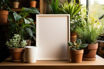 A white blank frame mockup paired with small plants, all resting atop a wooden table. Photorealistic illustration, Generative AI