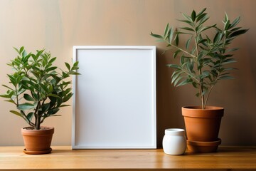A petite white-framed mockup adorned with the presence of two lush green leafy plants. Photorealistic illustration, Generative AI