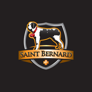 Saint Bernard dog with banner on shield background icon logo design. Vector Illustration.