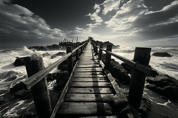Obraz premium Noir coastal scene, Fishing jetty depicted in evocative black and white tones Generative AI