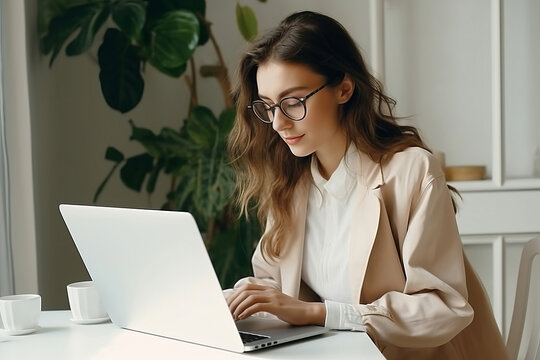 beautiful girl works at the laptop. remote work. generative ai.