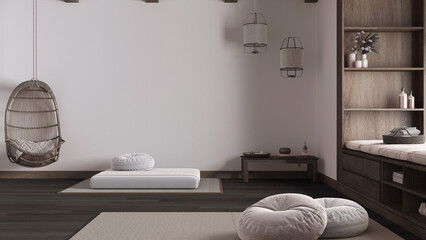 Minimal meditation room in white and beige tones, pillows, tatami mats and hanging armchair. Dark wooden beams and parquet floor. Japanese interior design