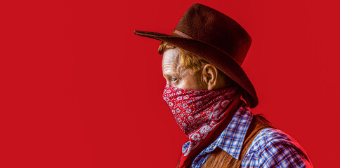 Portrait cowboy. American bandit in mask, western man with hat. Portrait of cowboy in hat. Portrait...