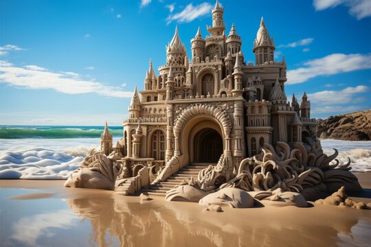 Relaxing rendezvous Sandcastle embodies the holiday concept of leisure by the shore Generative AI