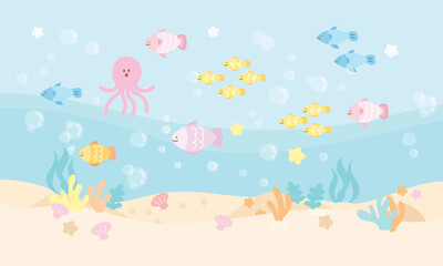 Illustration of sea lives such as octopus, fish, sea shell, starfish, coral reef, sand for under the sea background, aquarium, ocean, family trip, wallpaper, post card, vacation poster, travel, animal