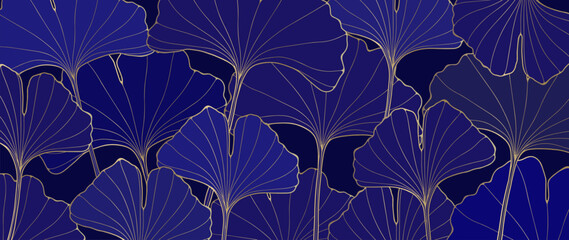Luxury background with blue ginkgo biloba leaves and gold outline. Botanical background for decor, covers, postcards and presentations.