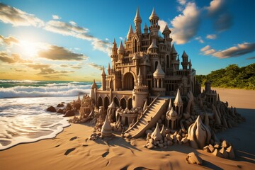 Seashore retreat Sandcastle on the seaside captures the essence of holiday tranquility Generative AI