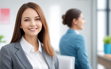 Obraz premium Portrait of happy businesswomen standing in office background.