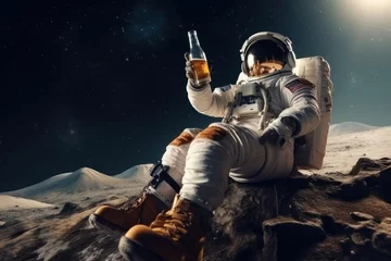 Tuinposter An astronaut drinks some beer on the planet. Generative AI. © phichitpon