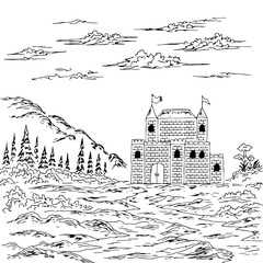 Design illustration castle landscape outline