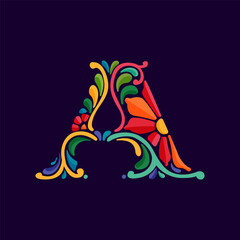 Letter A logo with Mexican colorful and ornate ethnic pattern. Traditional Aztec leaves and flowers embroidery ornament.