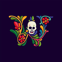 Letter W logo with Mexican colorful and ornate ethnic pattern. Traditional Aztec leaves and flowers embroidery ornament.
